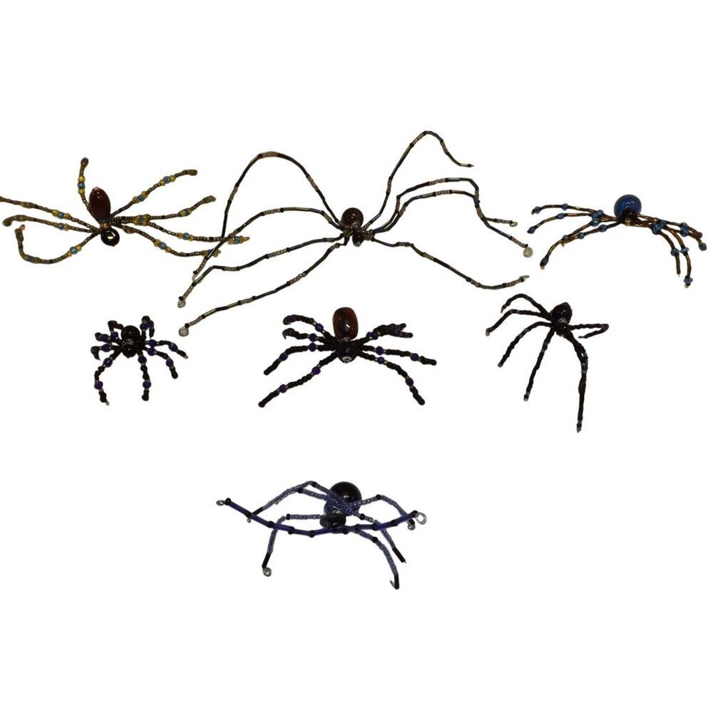 Handmade Beaded Spider Ornaments Set Of 7 Decor Figurines Beads Stones Ooak BagE